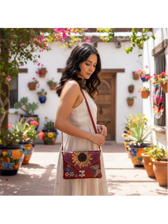 Handmade Handbags - Sunflower Butterfly Red Wine Embossed Tooled Artisan LEATHER Crossbody Purse Bag
